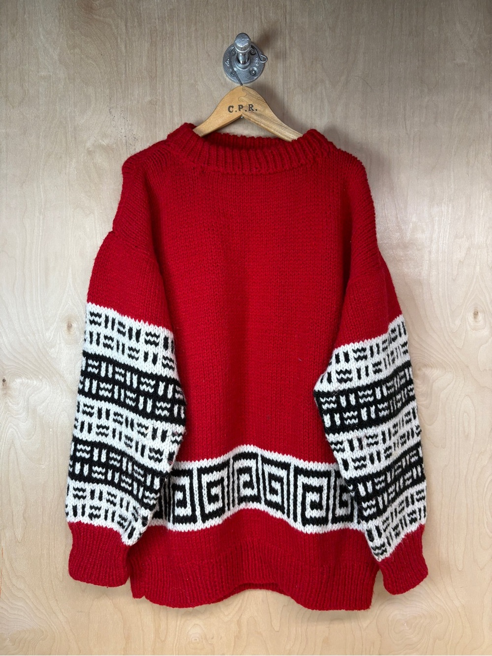 Red Hand Knit Geometric-Trim Wool Crewneck Sweater
